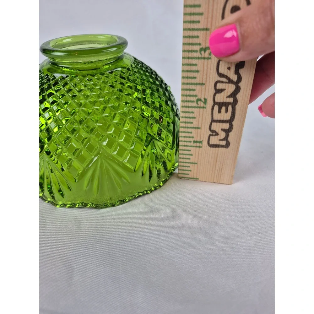 Vintage Green Pressed Glass Fairy Lamp Base Diamond Quilt Candle Holder 3.5 In